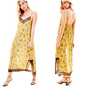Nina Kendosa Paris yellow floral black lace maxi summer slip dress